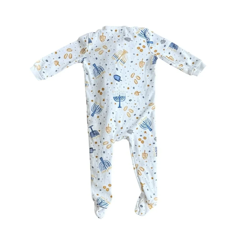 Pottery Barn Kids Baby One Piece Hanukkah Pattern Zip Up Footie PJs. 9-12 Months